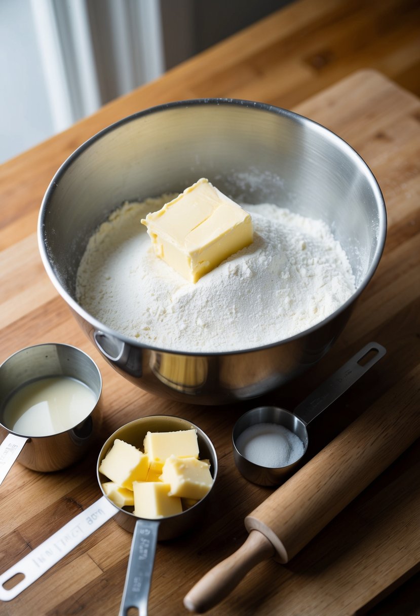 A mixing bowl filled with flour, buttermilk, and butter, surrounded by measuring cups and a rolling pin on a wooden countertop