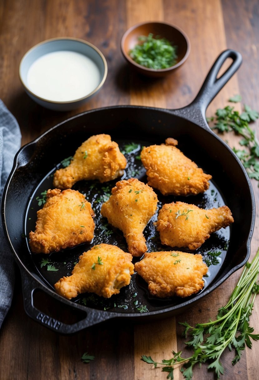 A cast iron skillet sizzling with golden brown buttermilk fried chicken pieces, surrounded by a bowl of buttermilk and a scattering of fresh herbs