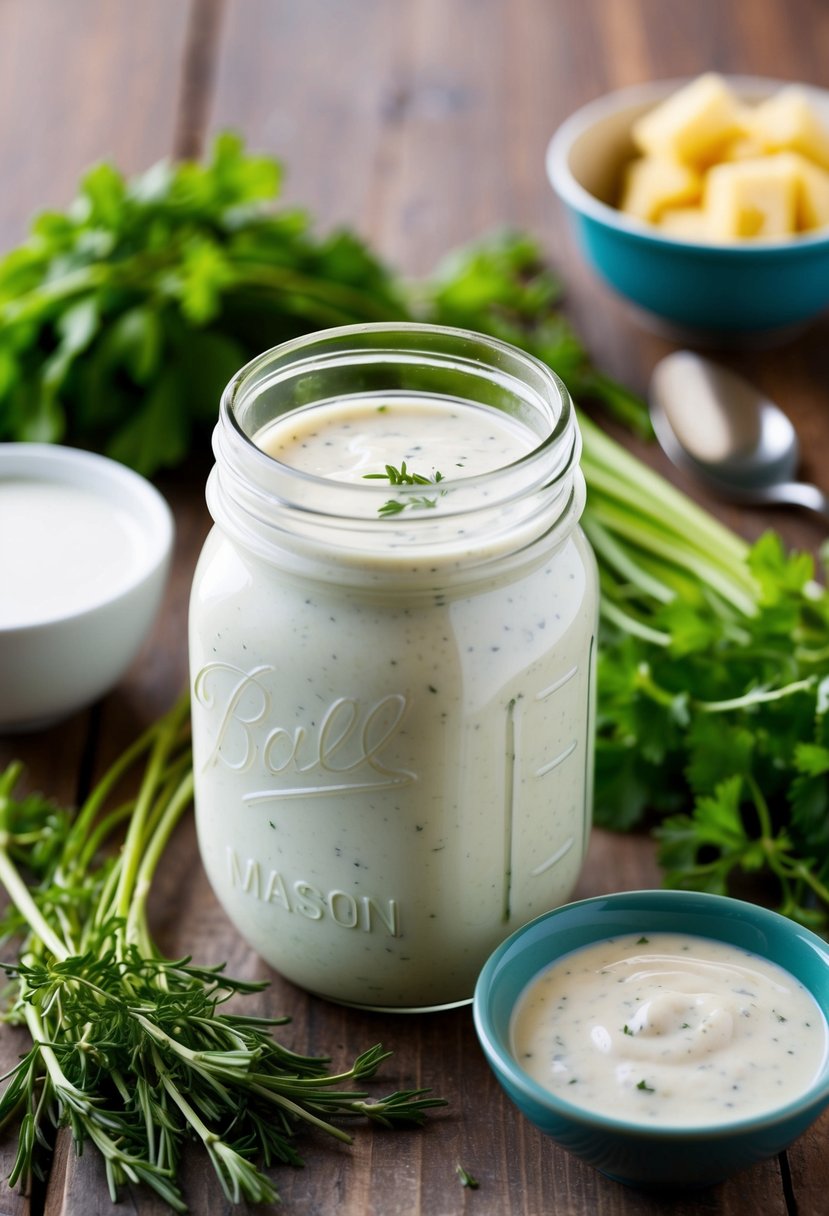 A mason jar filled with creamy buttermilk ranch dressing, surrounded by fresh herbs and a small bowl of buttermilk