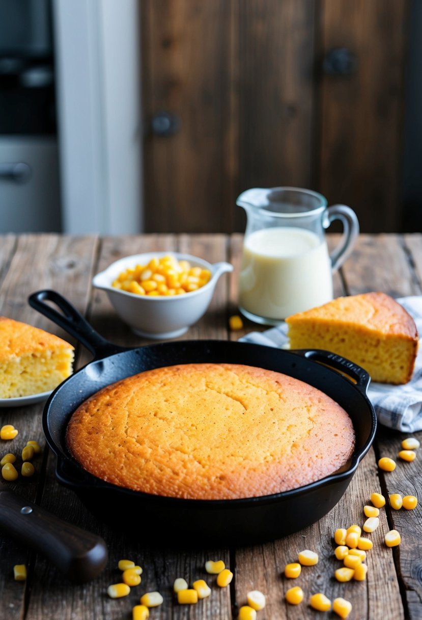 A rustic kitchen table set with a cast iron skillet filled with golden brown buttermilk cornbread, surrounded by a small pitcher of buttermilk and a scattering of fresh corn kernels