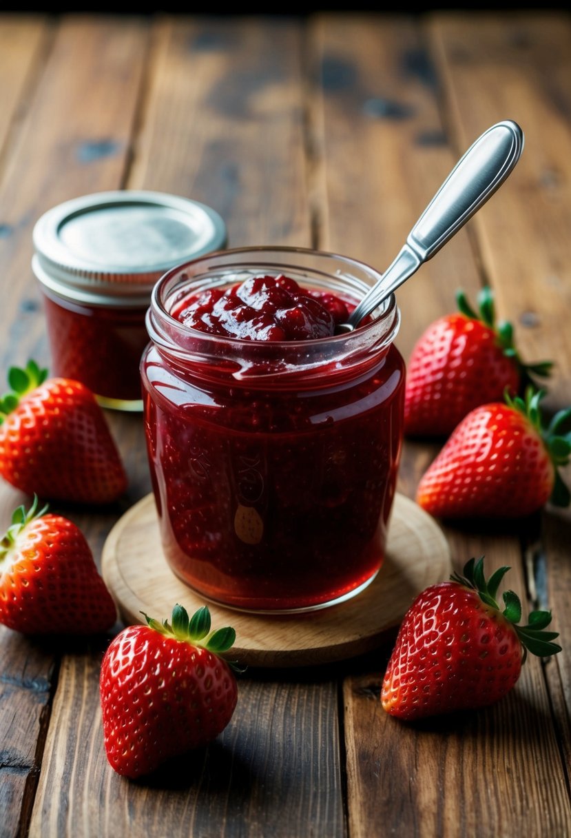 A jar of strawberry jam surrounded by fresh strawberries and a spreader on a wooden table