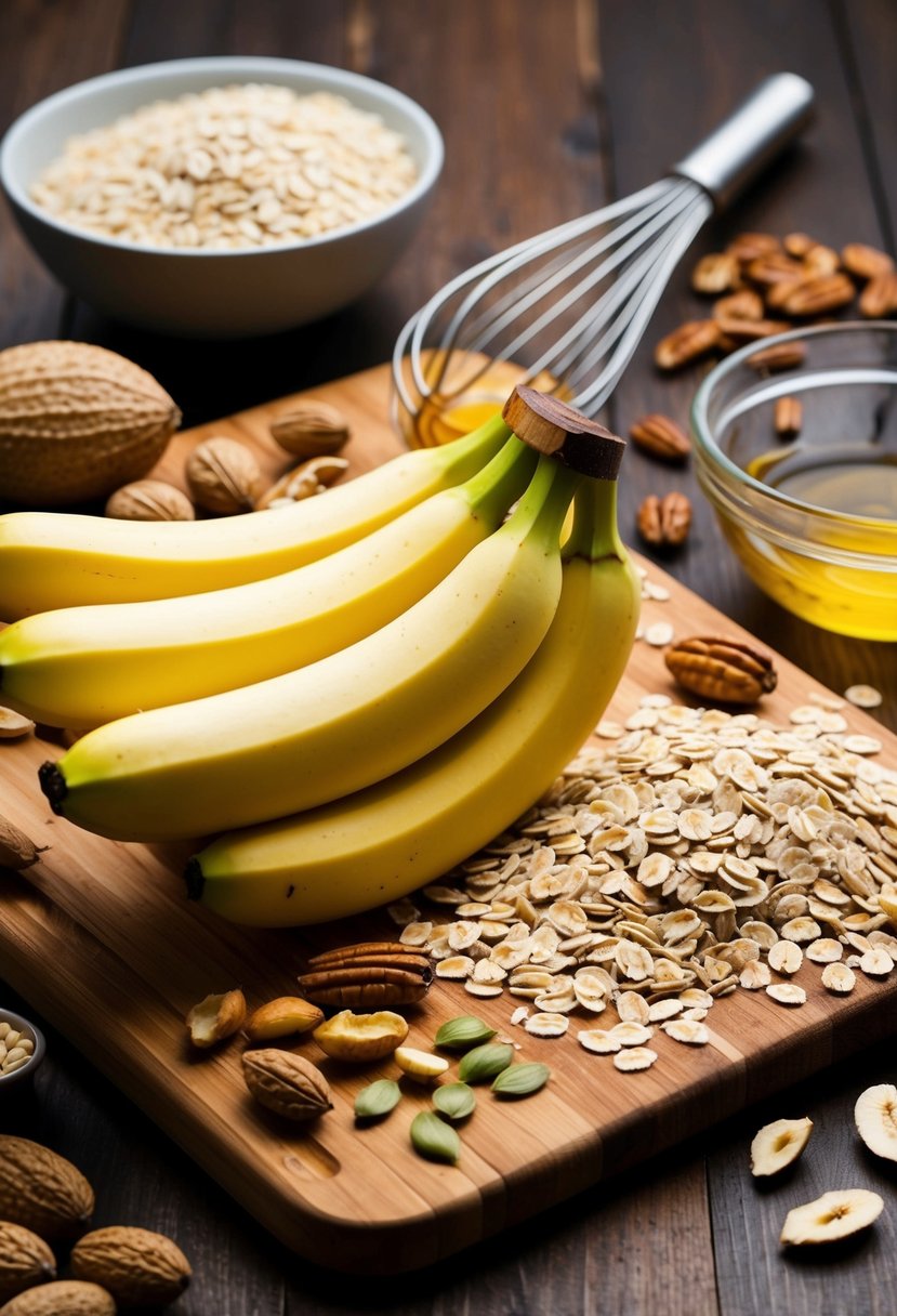 Ripe bananas, oats, and honey on a wooden cutting board surrounded by assorted nuts and seeds. A mixing bowl and a whisk sit nearby