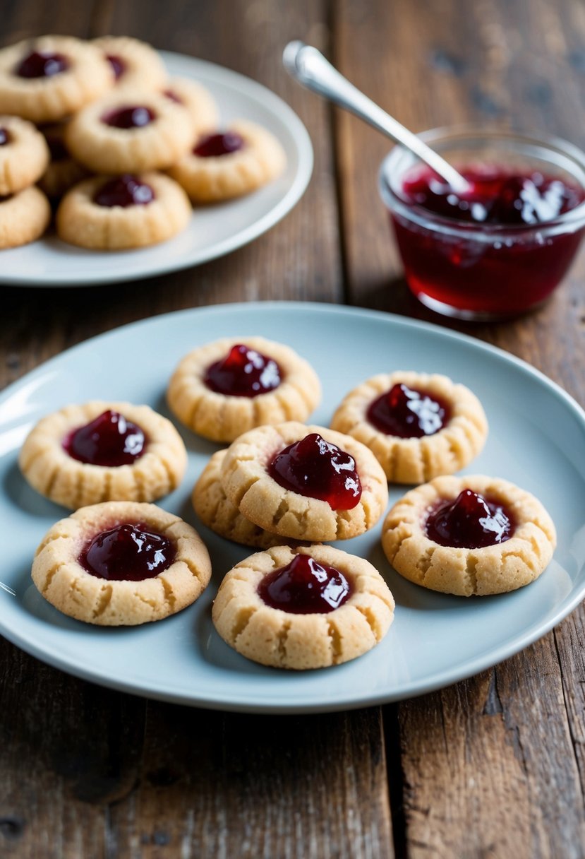 A plate of thumbprint cookies topped with dollops of strawberry jam on a rustic wooden table