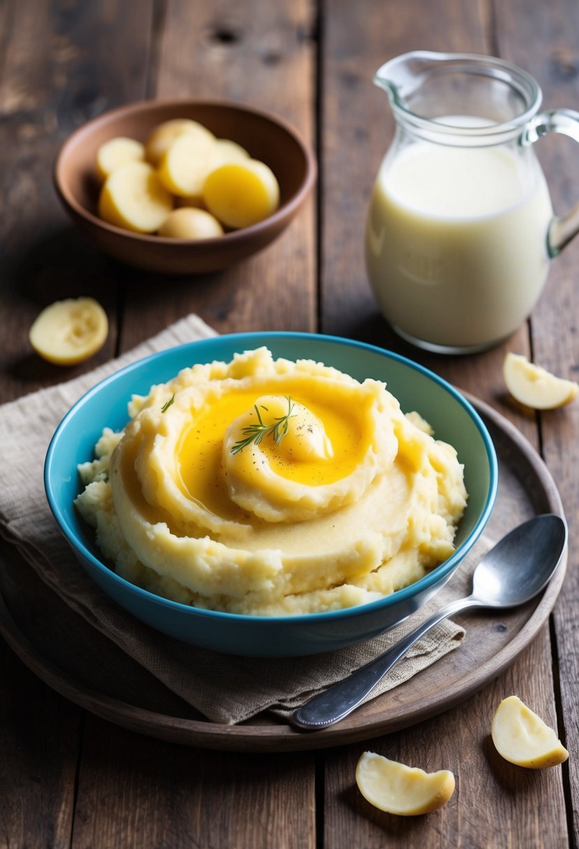 A rustic wooden table set with a bowl of creamy mashed potatoes, a pitcher of buttermilk, and a few scattered potato peels