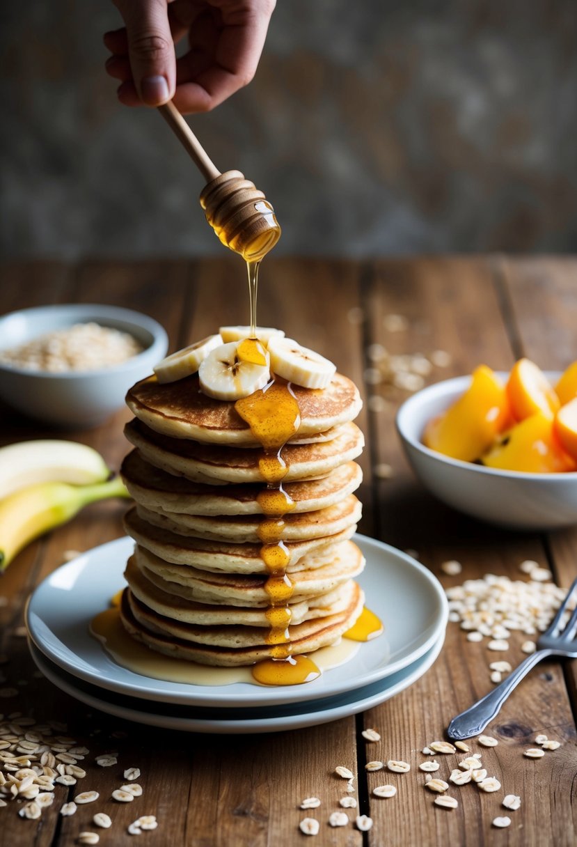 A wooden table with a stack of golden brown banana oatmeal pancakes topped with sliced ripe bananas and a drizzle of honey, surrounded by scattered oats and a bowl of fresh fruit