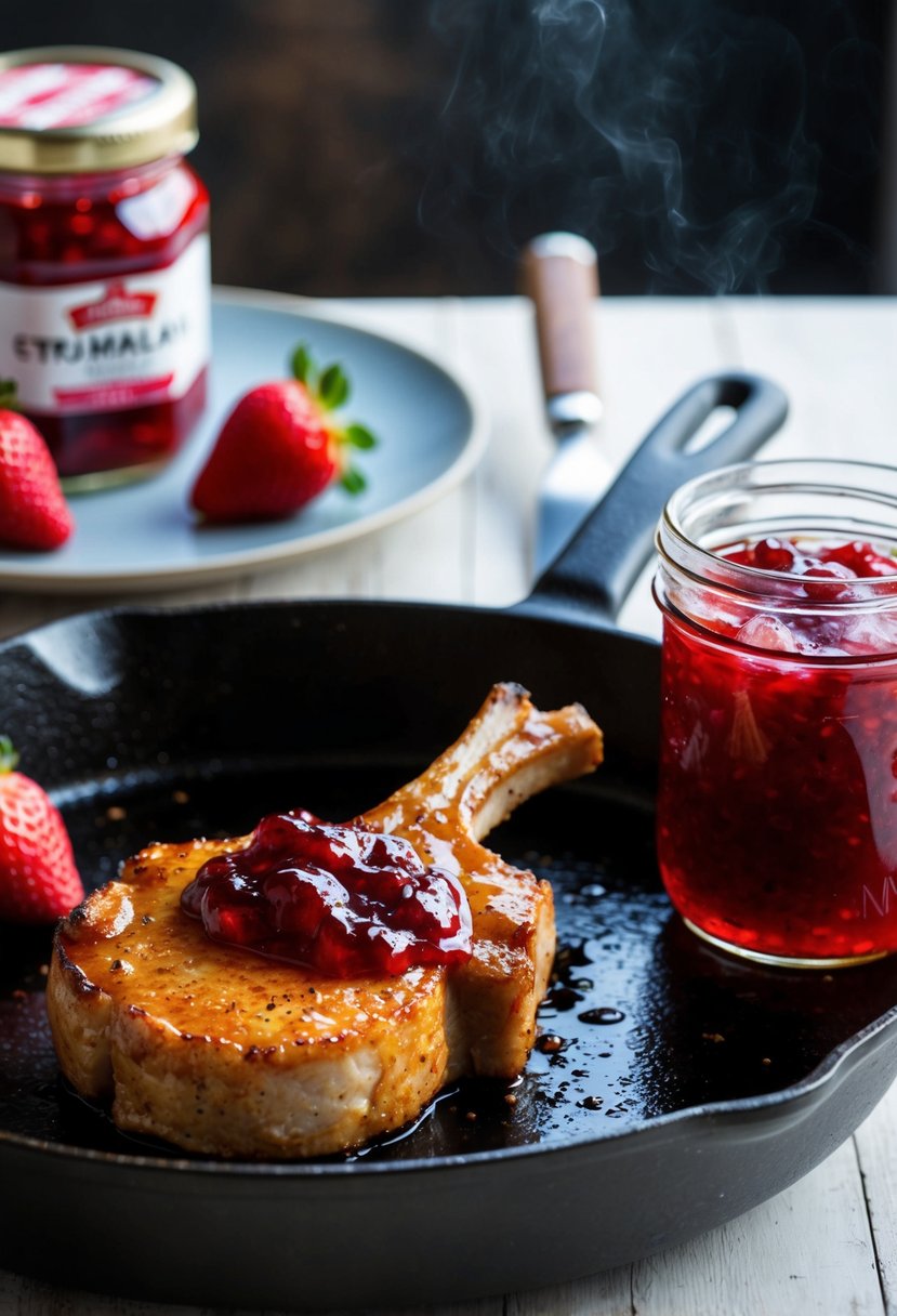 A sizzling pork chop glazed with strawberry jam on a hot skillet. A jar of strawberry jam sits nearby