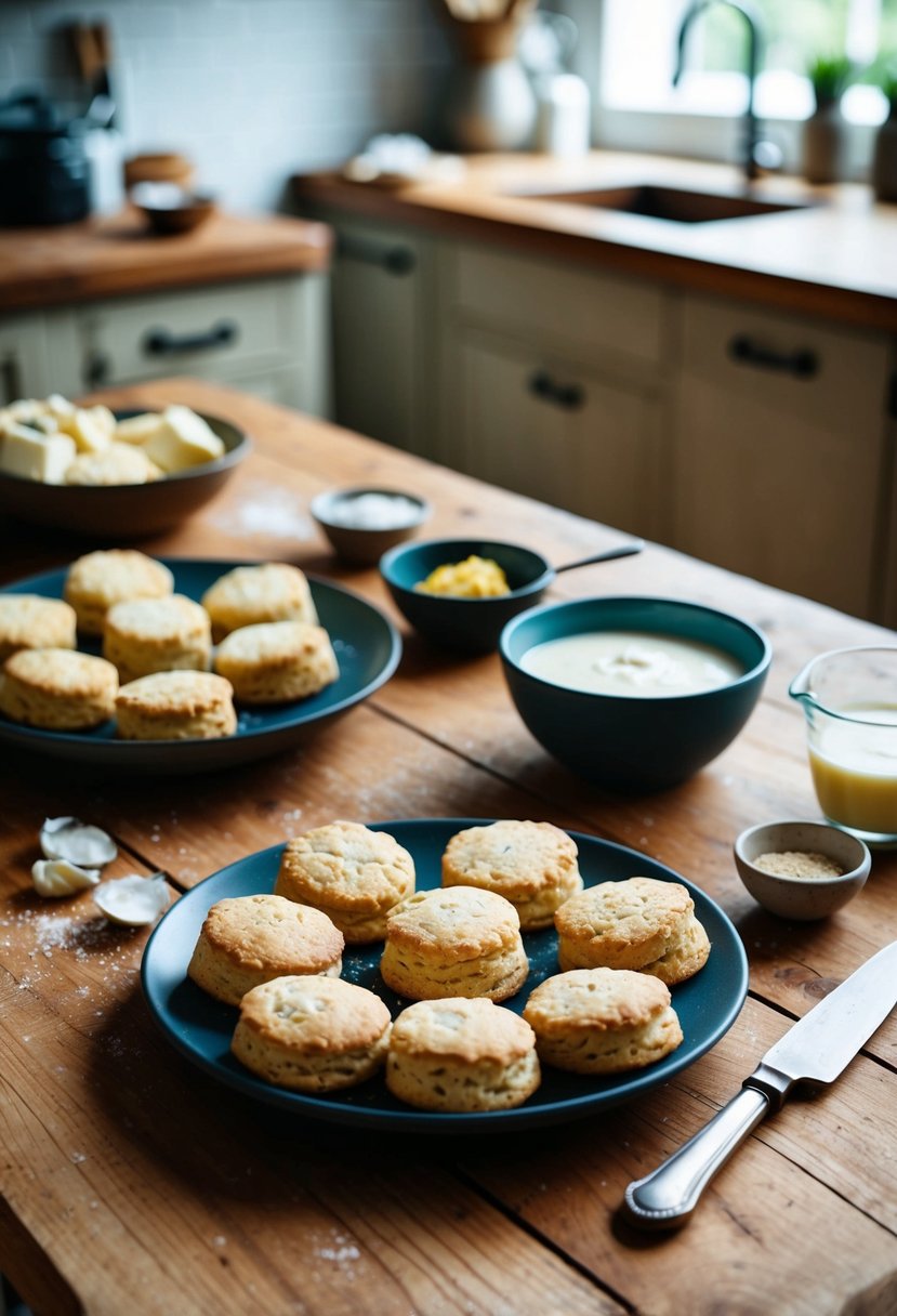 A rustic kitchen with a wooden table set with freshly baked buttermilk scones, a bowl of buttermilk, and ingredients scattered around