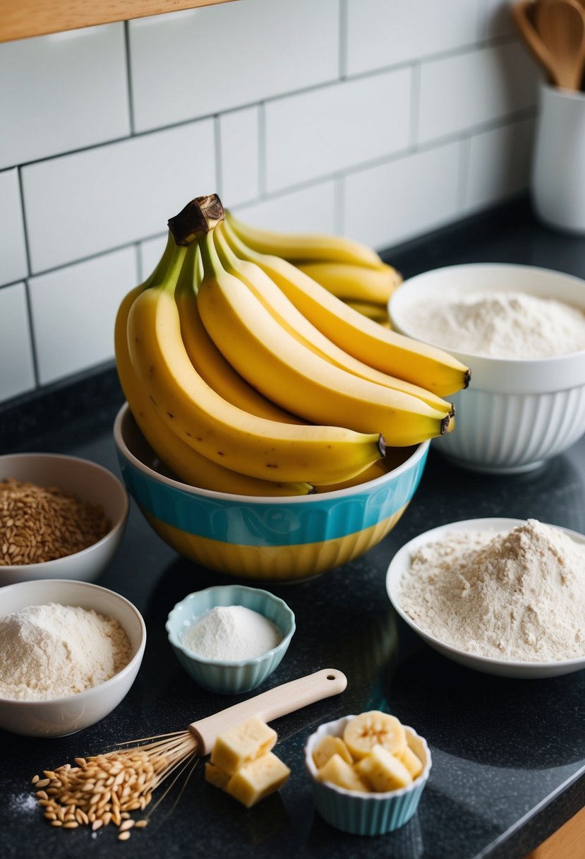 A kitchen counter with a bowl of ripe bananas, whole wheat flour, and other ingredients laid out for making healthy banana muffins