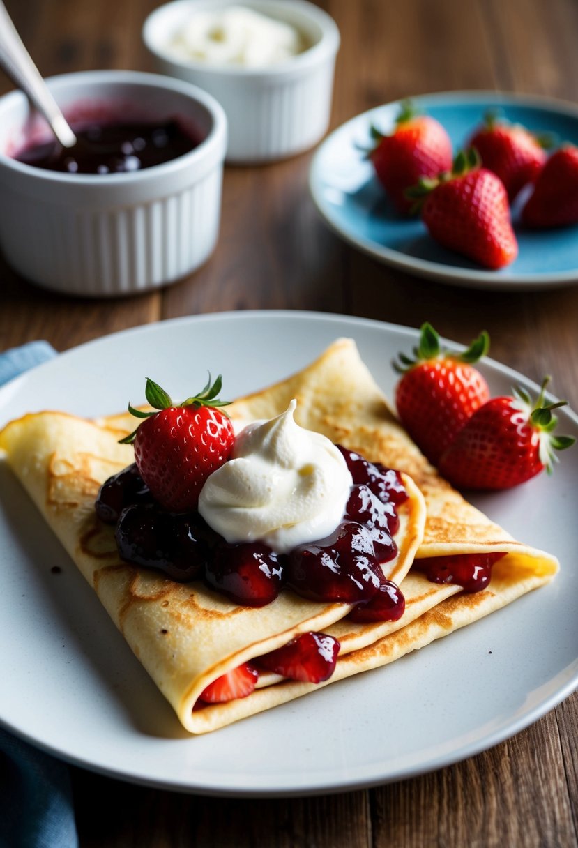 A plate of crepes with a dollop of mascarpone, topped with a generous spread of strawberry jam, garnished with fresh strawberries