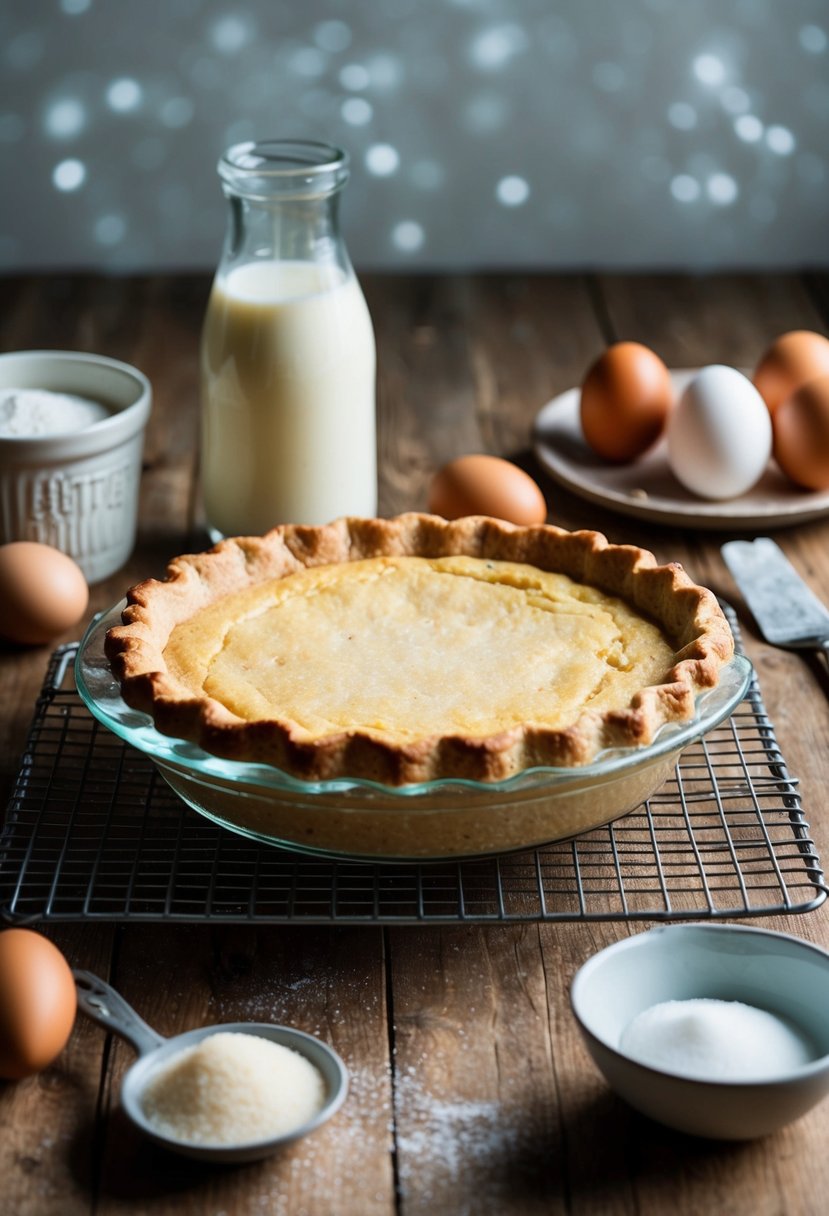 A rustic kitchen table with a freshly baked buttermilk pie cooling on a wire rack, surrounded by ingredients like buttermilk, eggs, and sugar