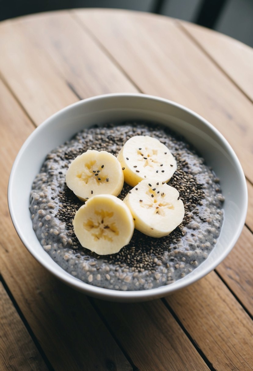 A bowl of chia seed pudding topped with sliced ripe bananas and sprinkled with chia seeds, set on a wooden table