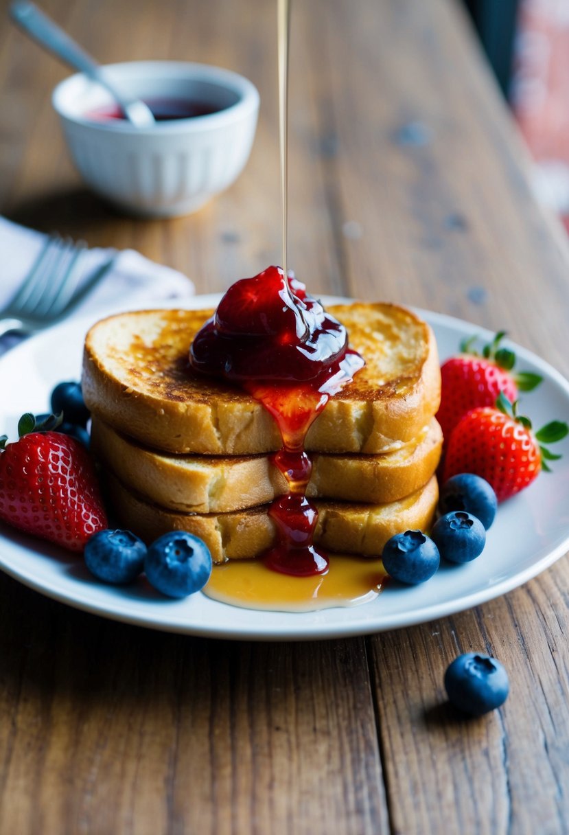 A plate of PB&J French Toast with a dollop of strawberry jam, surrounded by fresh berries and a drizzle of syrup on a wooden table