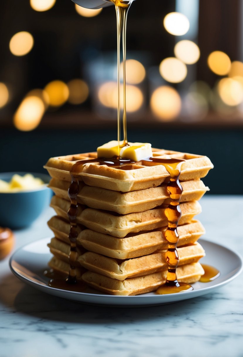 A stack of golden buttermilk waffles topped with melting butter and drizzled with syrup