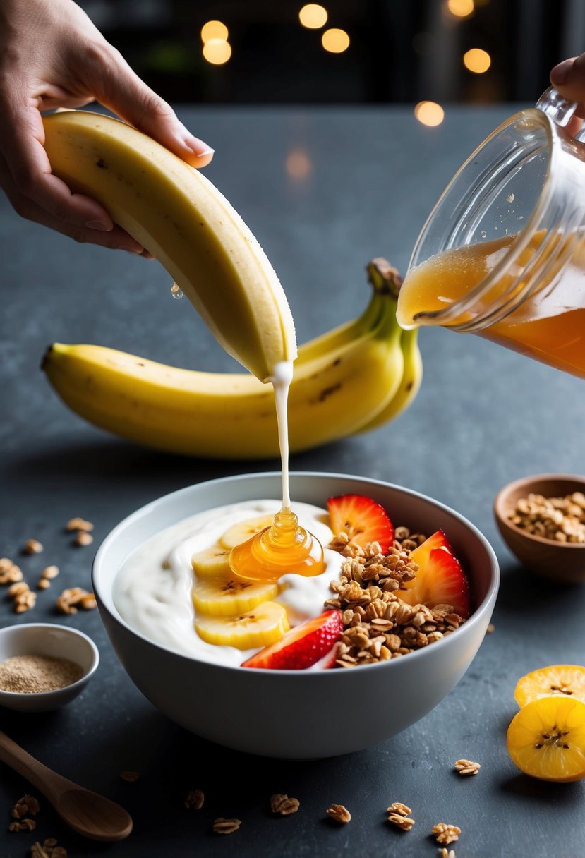 A ripe banana is being blended with yogurt and honey, then poured into a bowl and topped with slices of fresh fruit and granola