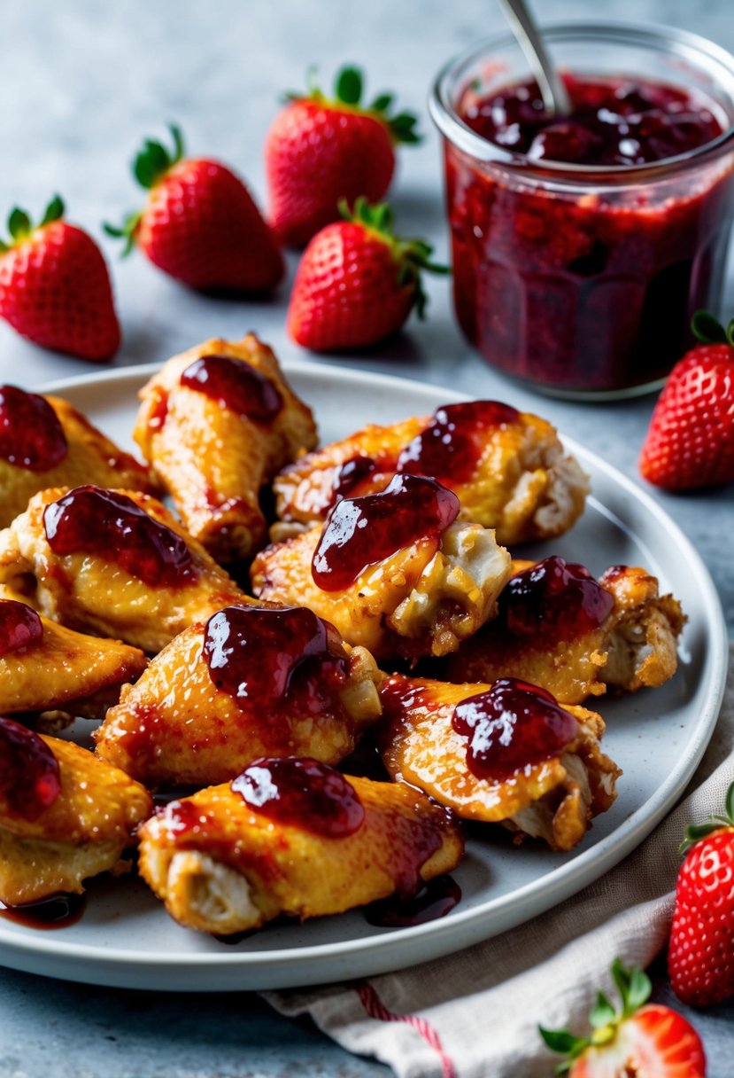 Chicken wings coated in glistening strawberry jam glaze, arranged on a serving platter with fresh strawberries and a jar of jam in the background