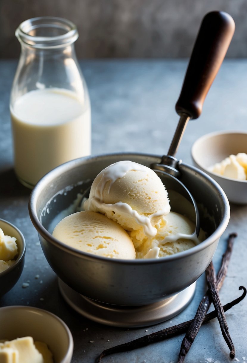 A bowl of buttermilk ice cream being churned in an old-fashioned ice cream maker surrounded by fresh buttermilk and vanilla beans