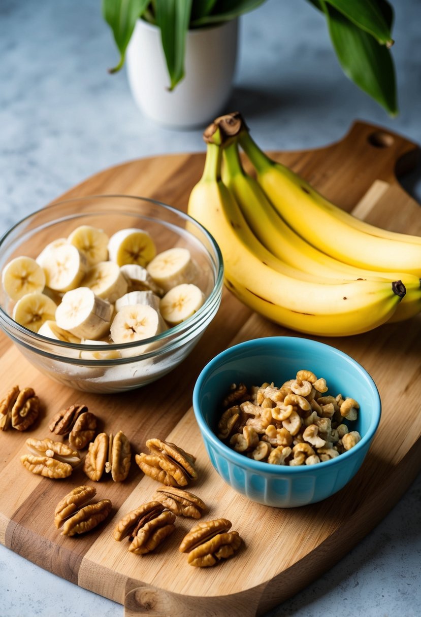 A wooden cutting board with ripe bananas, walnuts, and a mixing bowl filled with ingredients for banana and walnut bread