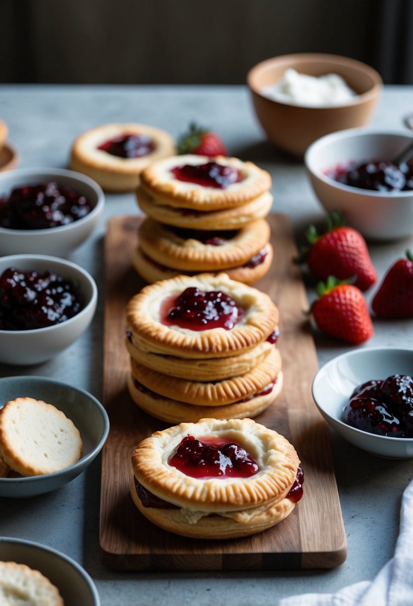 A table with freshly baked brie and strawberry jam pastries surrounded by bowls of jam and ingredients