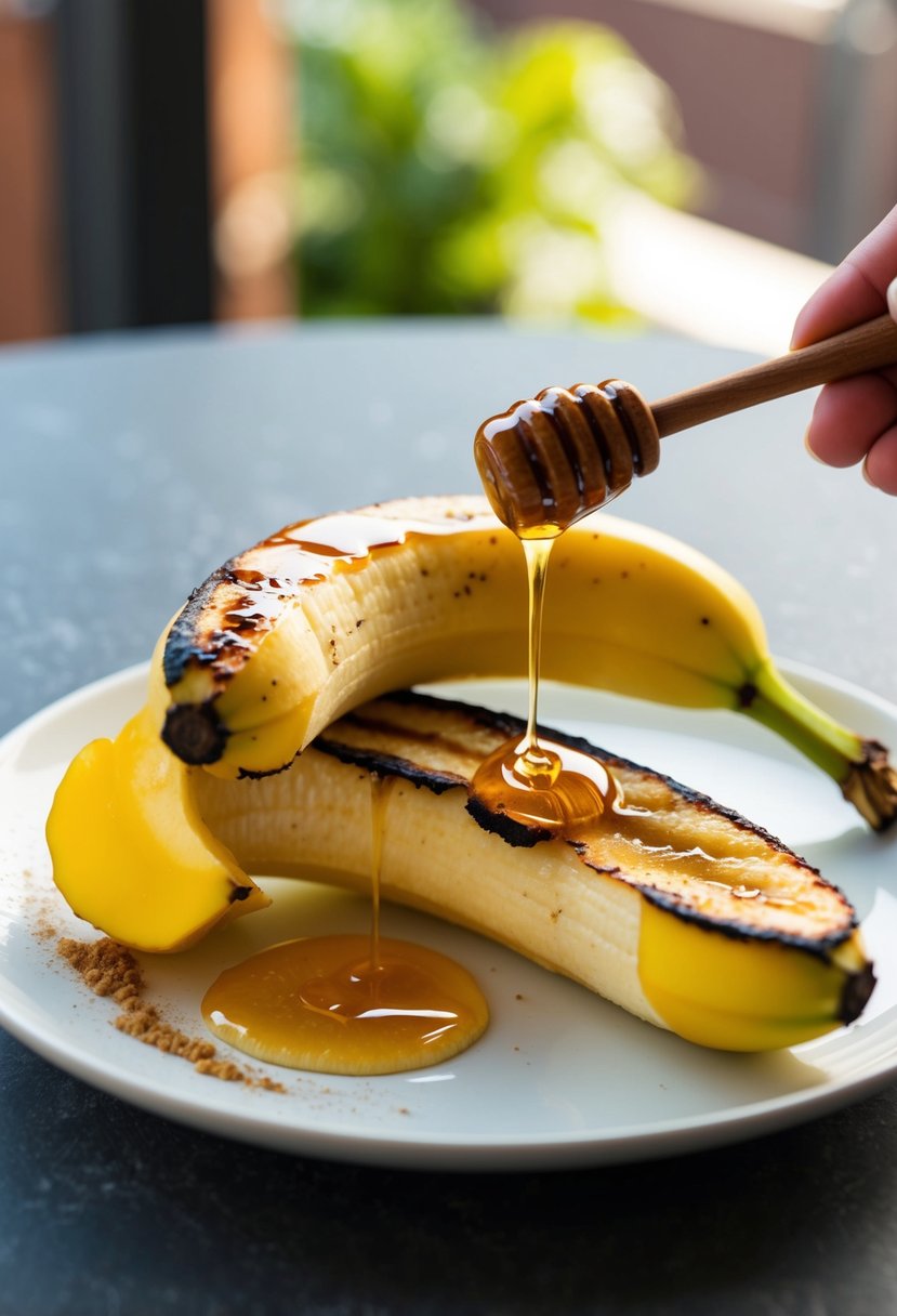 A ripe banana split in half, grilled to perfection, drizzled with honey, and garnished with a sprinkle of cinnamon