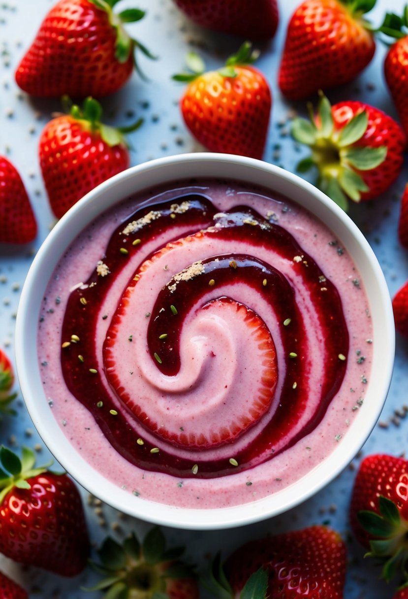 A vibrant bowl of smoothie topped with swirls of strawberry jam, surrounded by fresh strawberries and scattered chia seeds