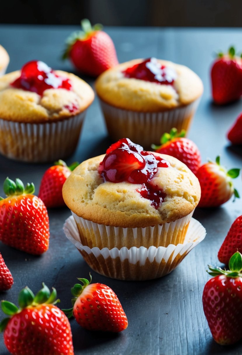 A table with freshly baked muffins, topped with strawberry jam and surrounded by scattered strawberries