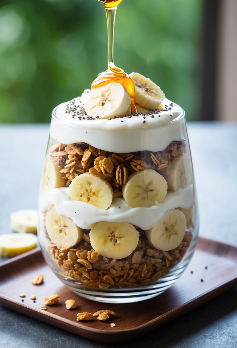 A glass parfait dish filled with layers of ripe banana slices, creamy yogurt, and granola, topped with a drizzle of honey and a sprinkle of chia seeds