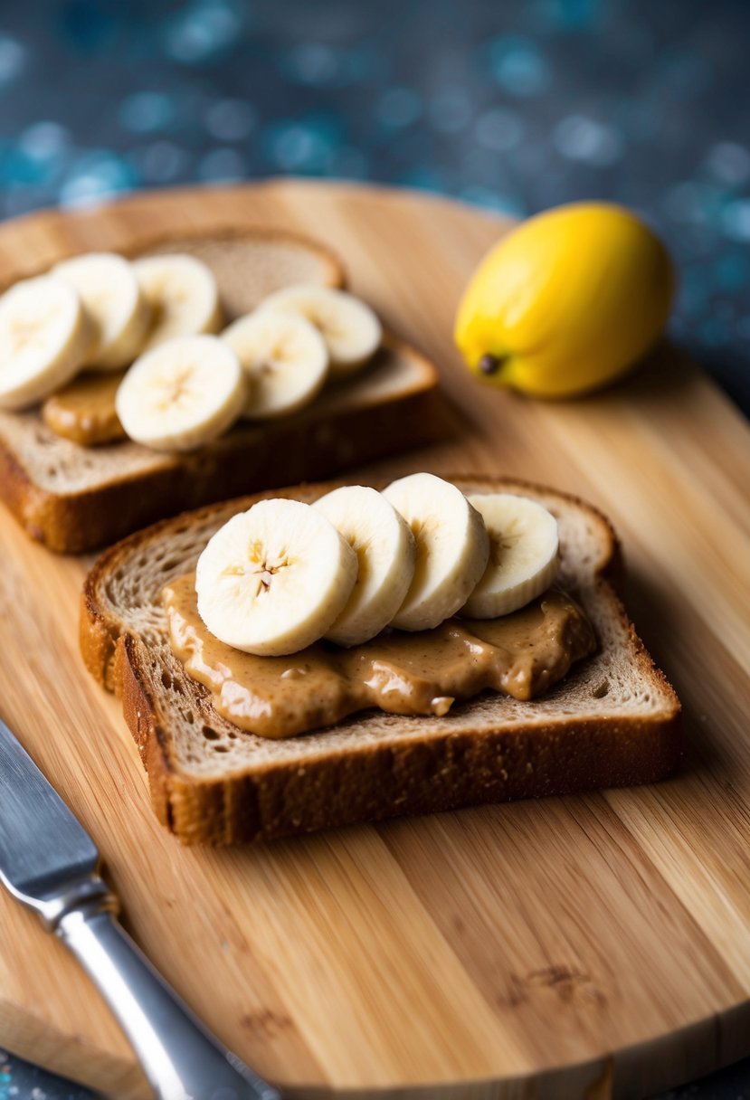 A slice of whole wheat toast topped with almond butter and sliced ripe bananas on a wooden cutting board