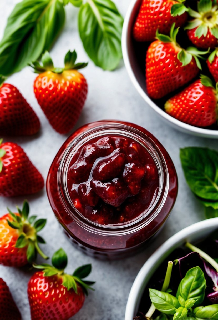 A jar of strawberry jam surrounded by fresh strawberries, basil leaves, and a bowl of mixed greens