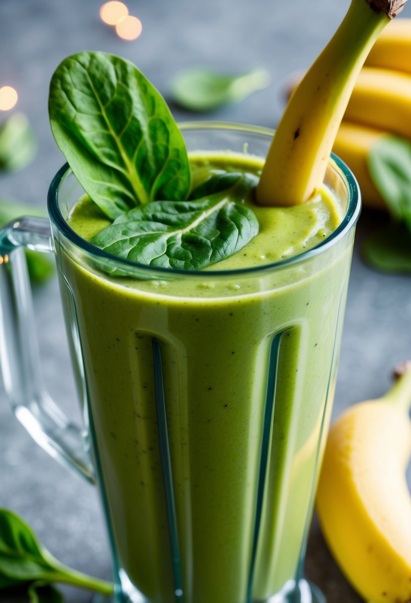 A ripe banana and fresh spinach leaves blend in a blender, creating a vibrant green smoothie