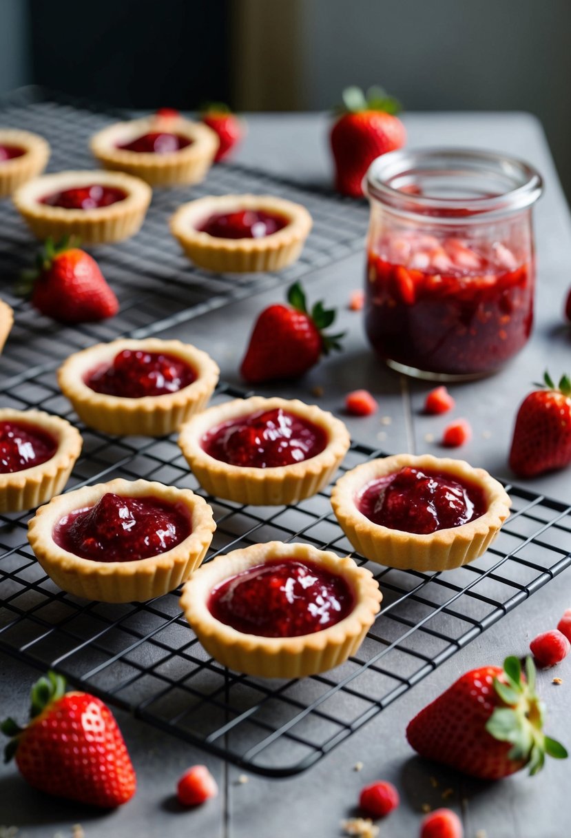 A table with freshly baked strawberry jam tarts cooling on a wire rack, surrounded by scattered strawberries and a jar of homemade jam