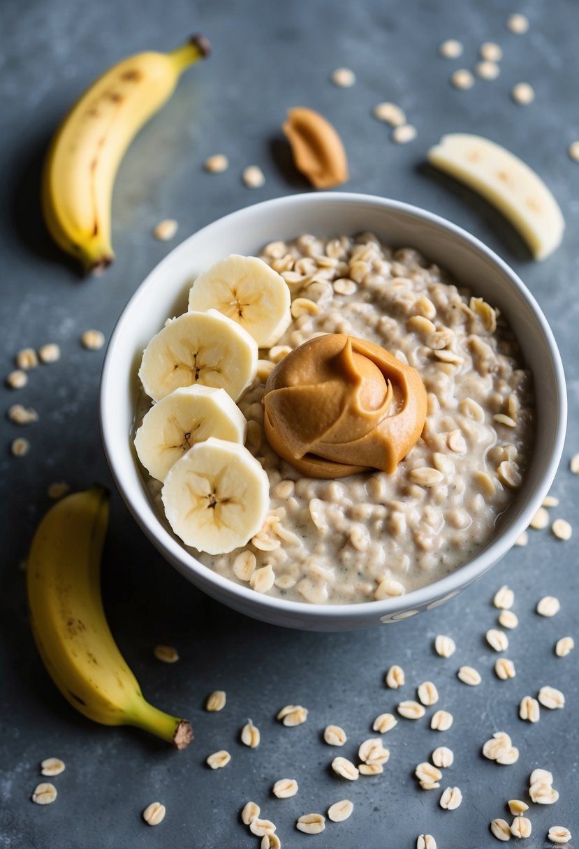 A bowl of overnight oats with sliced ripe bananas and a dollop of peanut butter on top, surrounded by scattered oats and banana peels