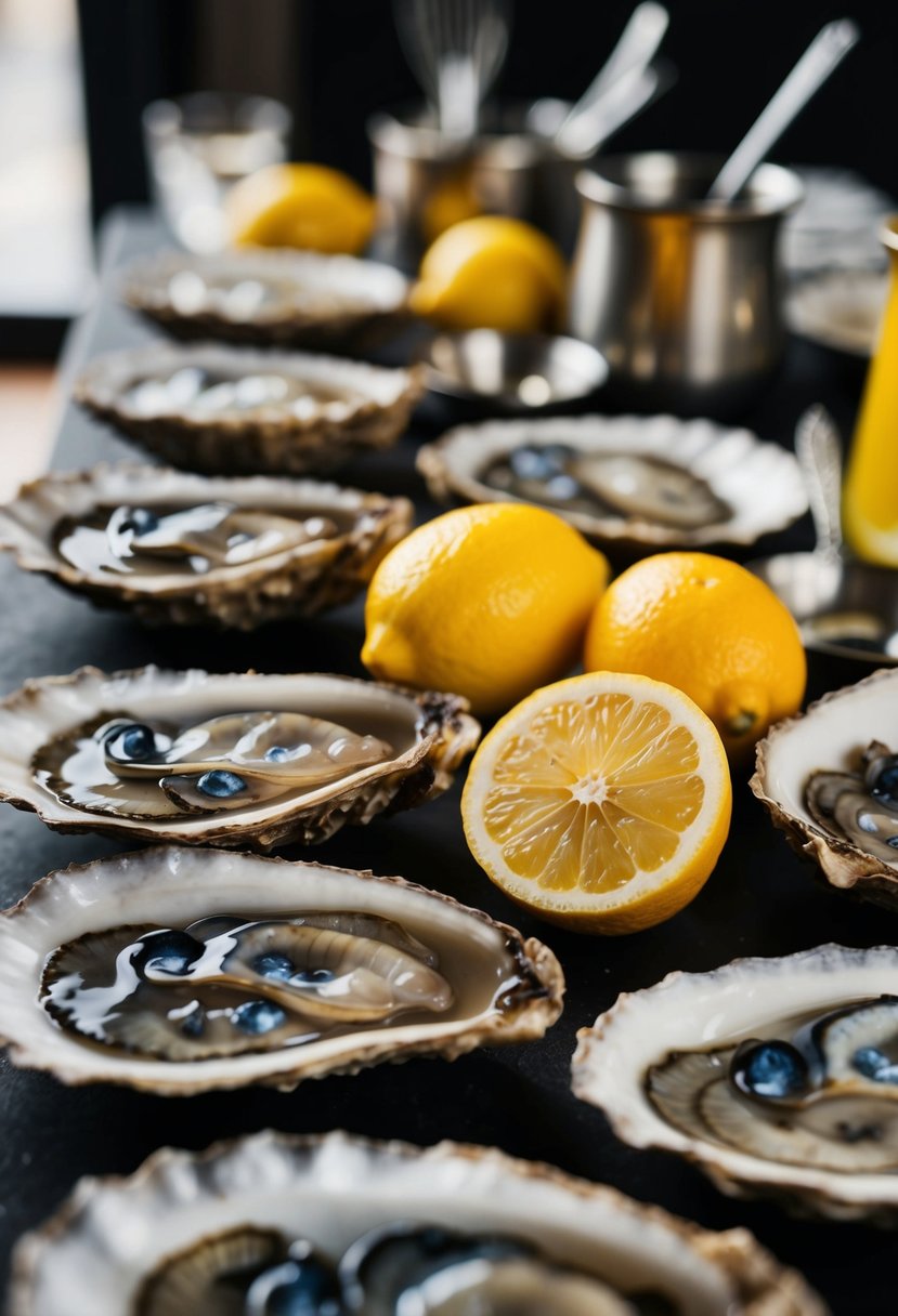 A table set with oysters, lemons, and various cooking utensils