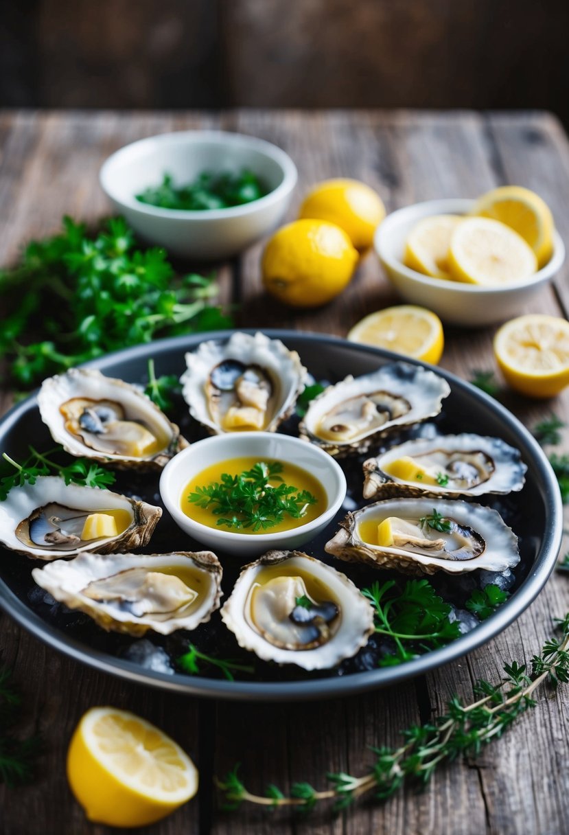 A platter of Oysters Rockefeller surrounded by fresh herbs and lemon slices on a rustic wooden table