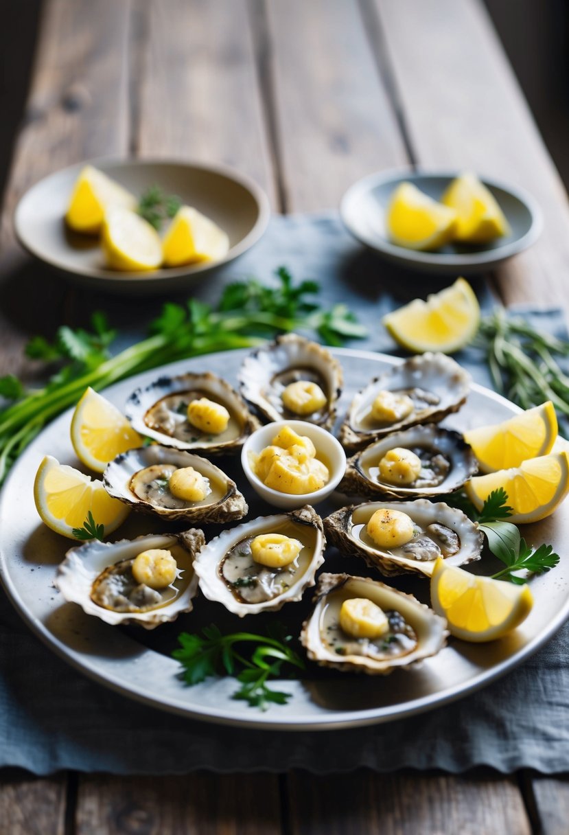 A platter of grilled oysters, topped with garlic butter, surrounded by lemon wedges and fresh herbs on a rustic wooden table