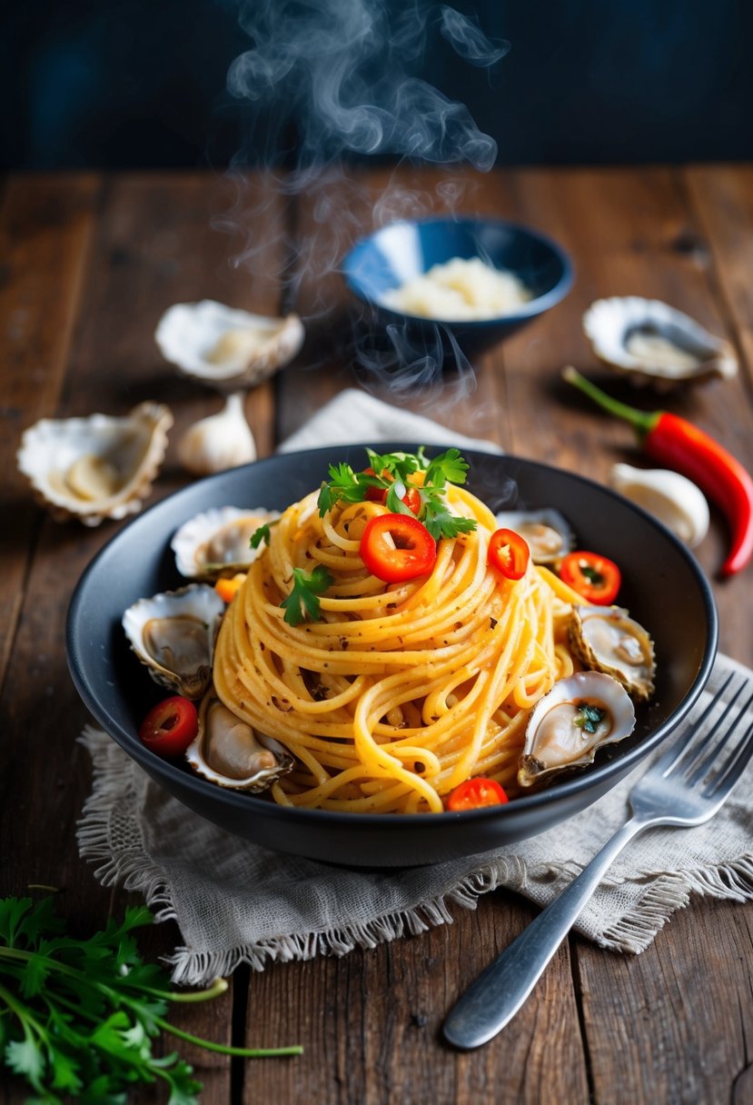 A steaming bowl of Spicy Oyster Pasta surrounded by fresh oysters, chili peppers, and garlic cloves on a rustic wooden table