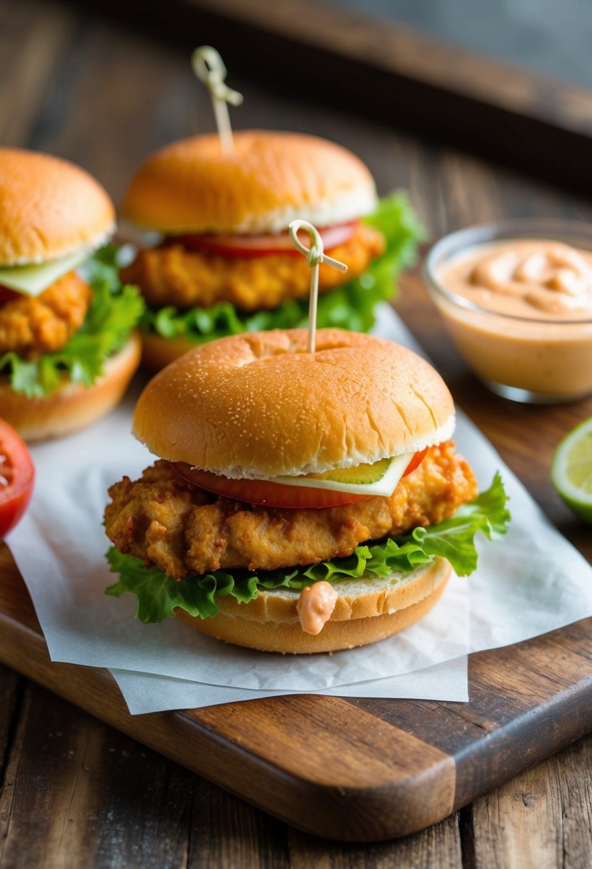 A golden-fried Oyster Po’Boy Sandwich with lettuce, tomato, and a side of spicy remoulade sauce on a rustic wooden serving board