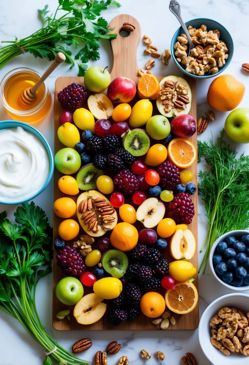 A colorful array of fresh fruits, nuts, and honey arranged on a wooden cutting board, surrounded by vibrant green herbs and a bowl of creamy yogurt