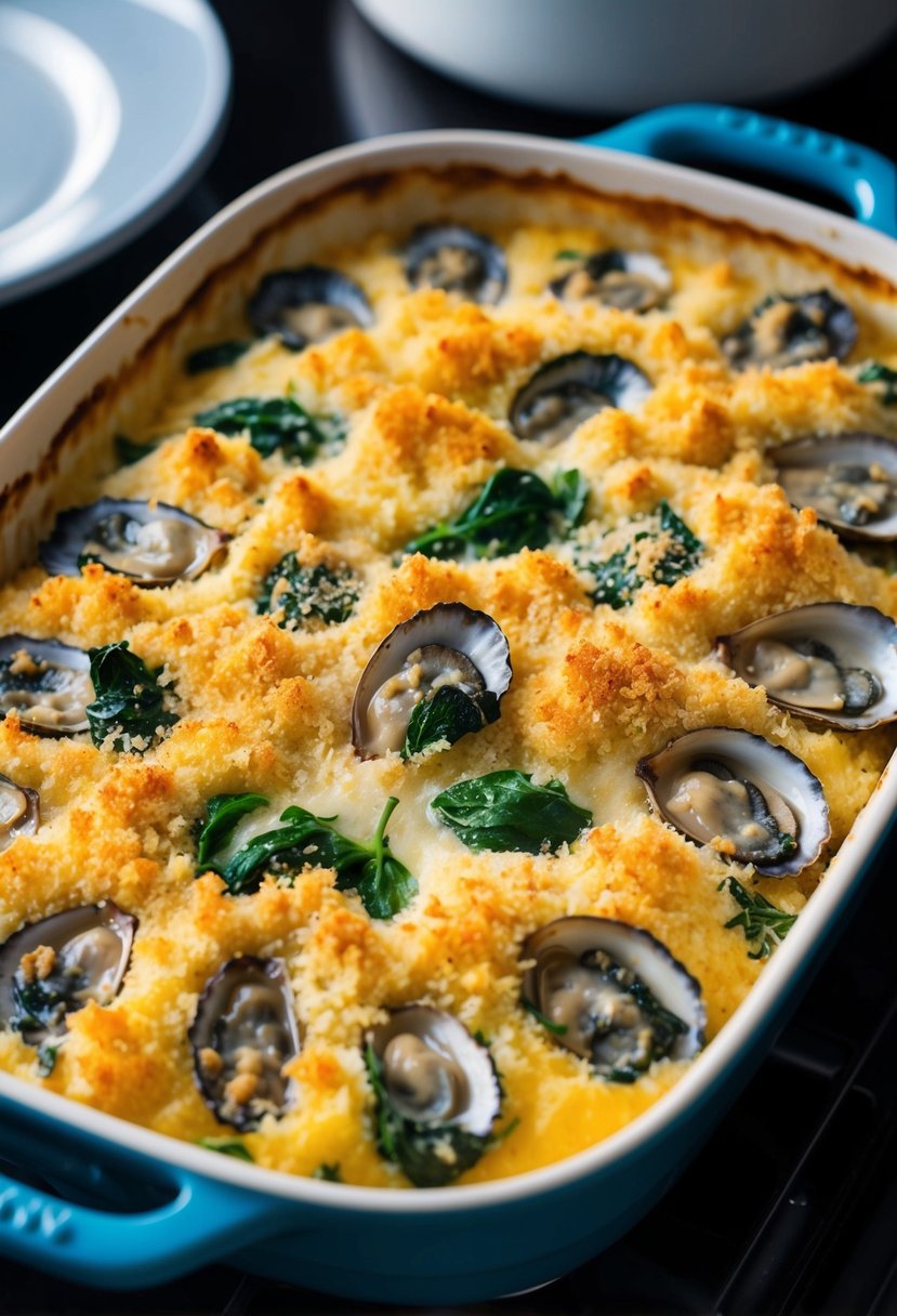 A baking dish filled with creamy oyster and spinach gratin, topped with golden breadcrumbs and bubbling in the oven