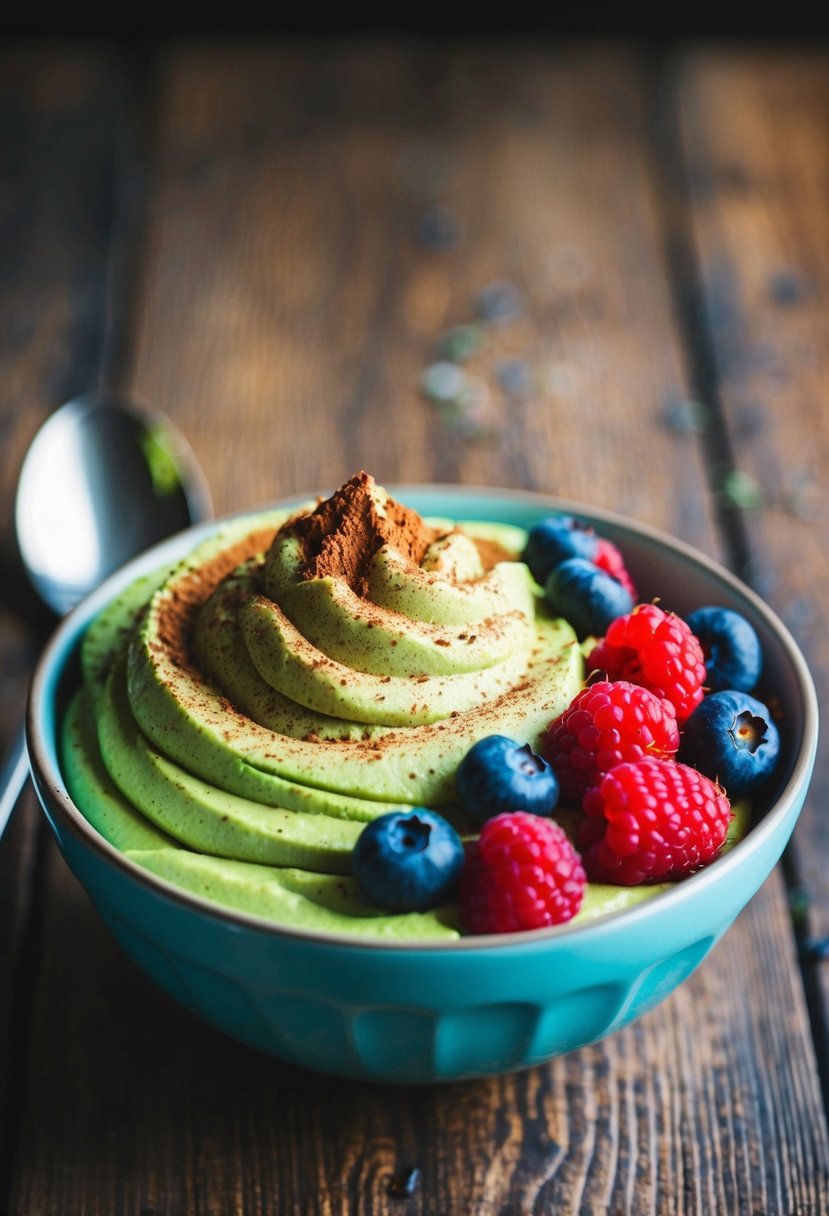 A bowl of creamy avocado chocolate mousse topped with fresh berries and a sprinkle of cocoa powder sits on a rustic wooden table