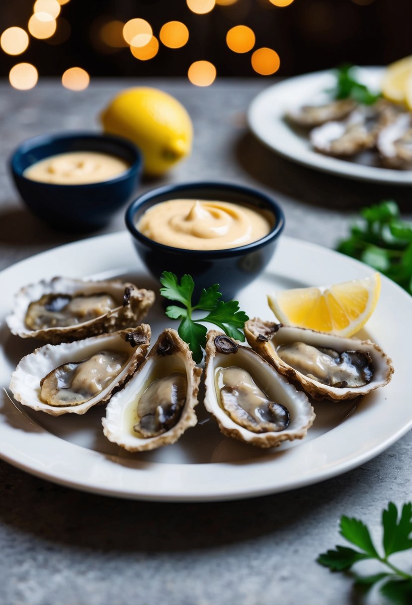 A plate of fried oysters with a side of lemon aioli, garnished with a wedge of lemon and a sprig of fresh parsley