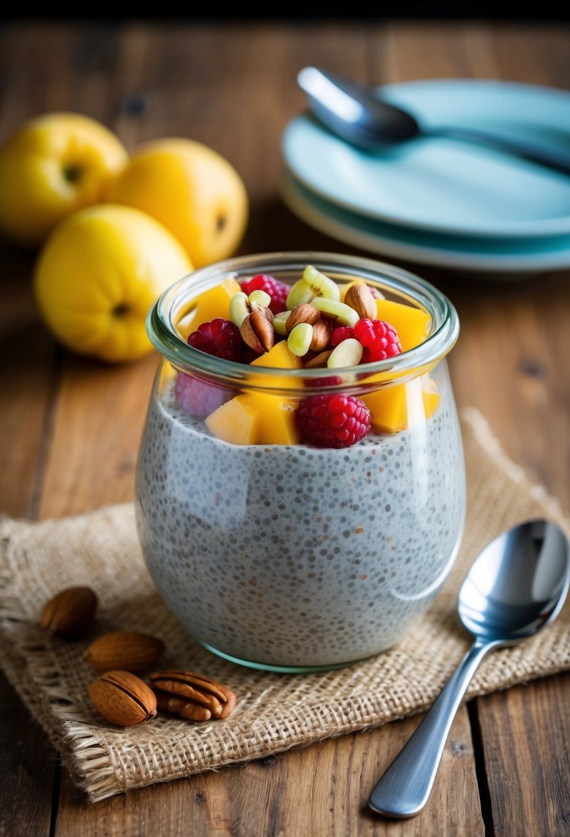 A glass jar filled with chia seed pudding topped with fresh fruit and nuts on a wooden table