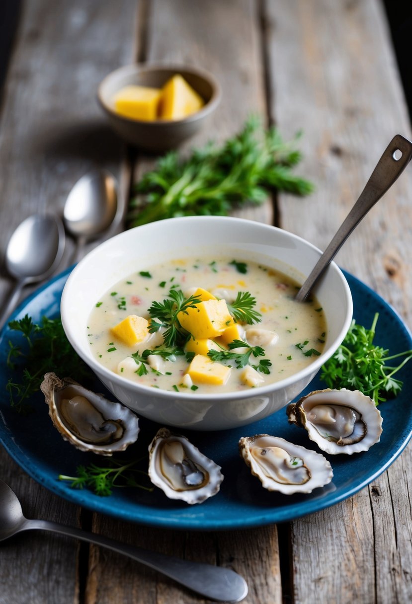 A steaming bowl of oyster chowder surrounded by fresh oysters, herbs, and a rustic ladle on a weathered wooden table