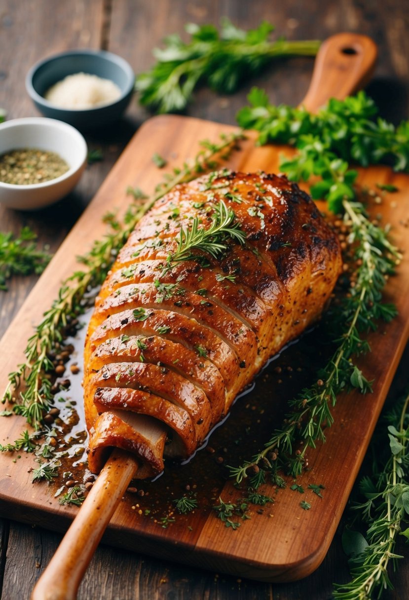 A sizzling heel roast surrounded by aromatic herbs and spices on a rustic wooden cutting board