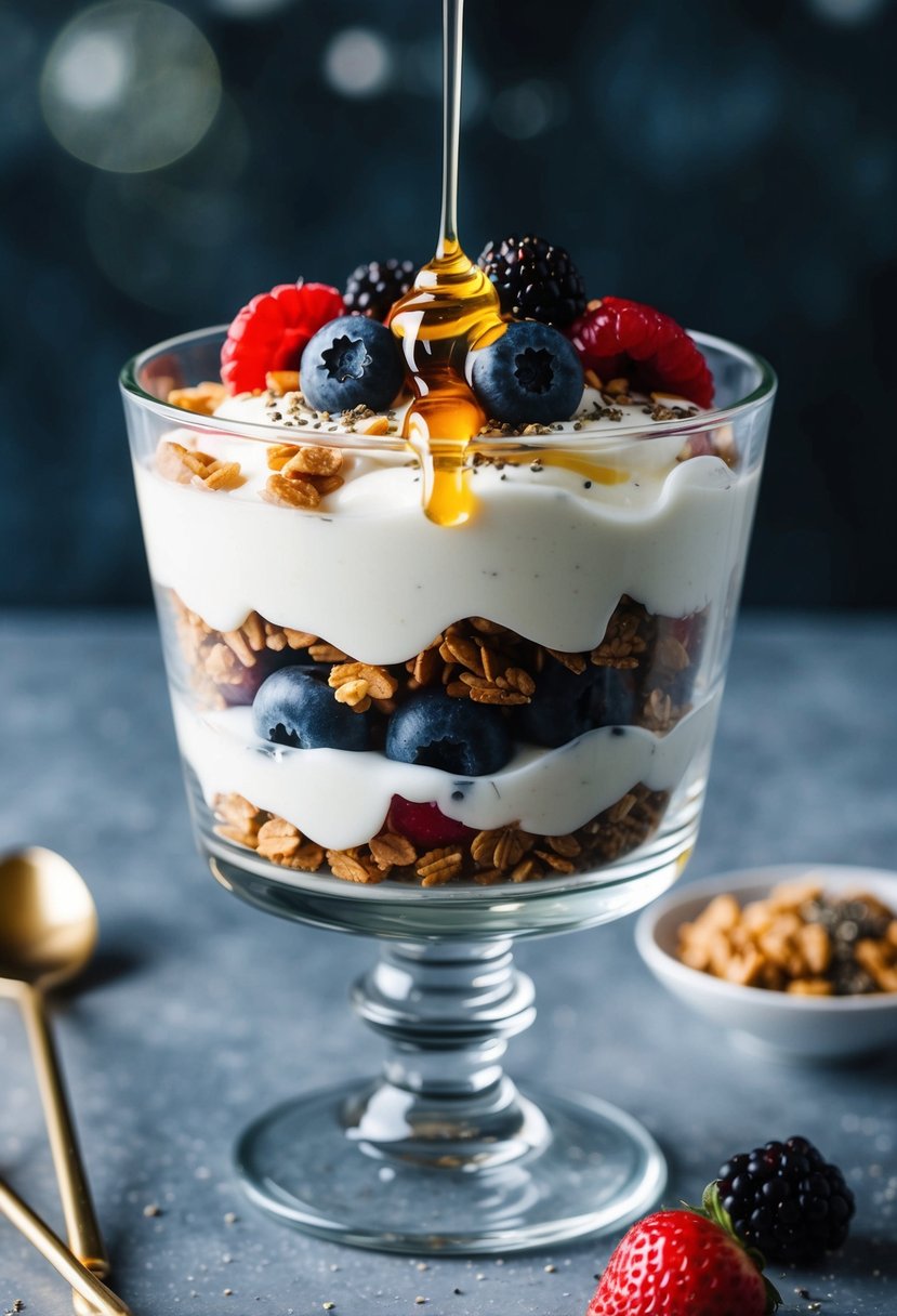 A glass parfait dish layered with Greek yogurt, granola, and fresh berries, topped with a drizzle of honey and a sprinkle of chia seeds