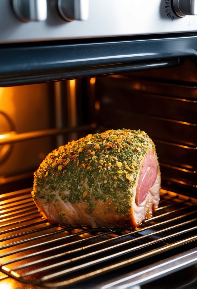 A juicy heel roast, coated in a fragrant herb crust, sizzling in a hot oven. A golden brown crust forms as the savory aroma fills the kitchen