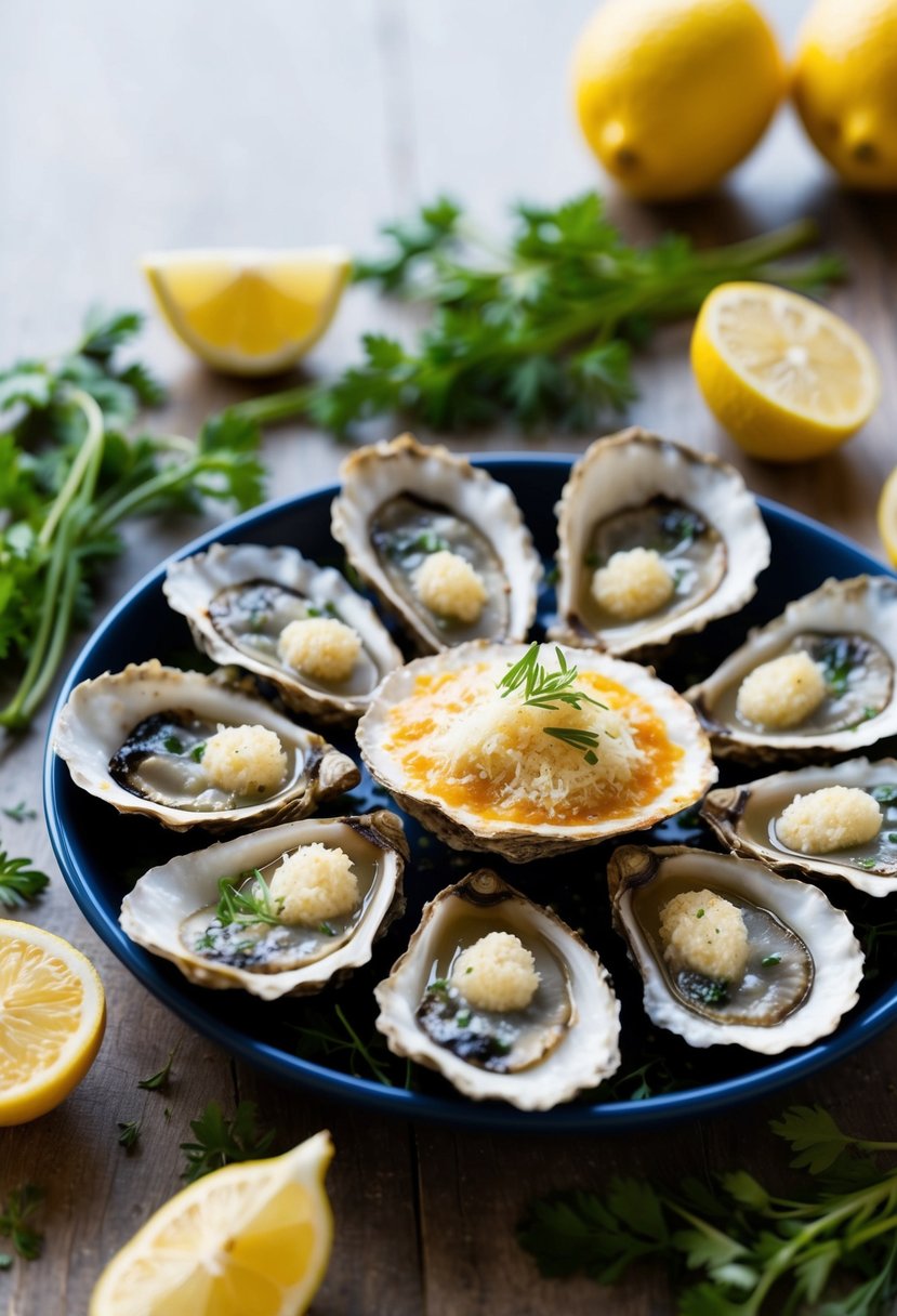 A platter of baked oysters topped with parmesan and garlic, surrounded by lemon wedges and fresh herbs