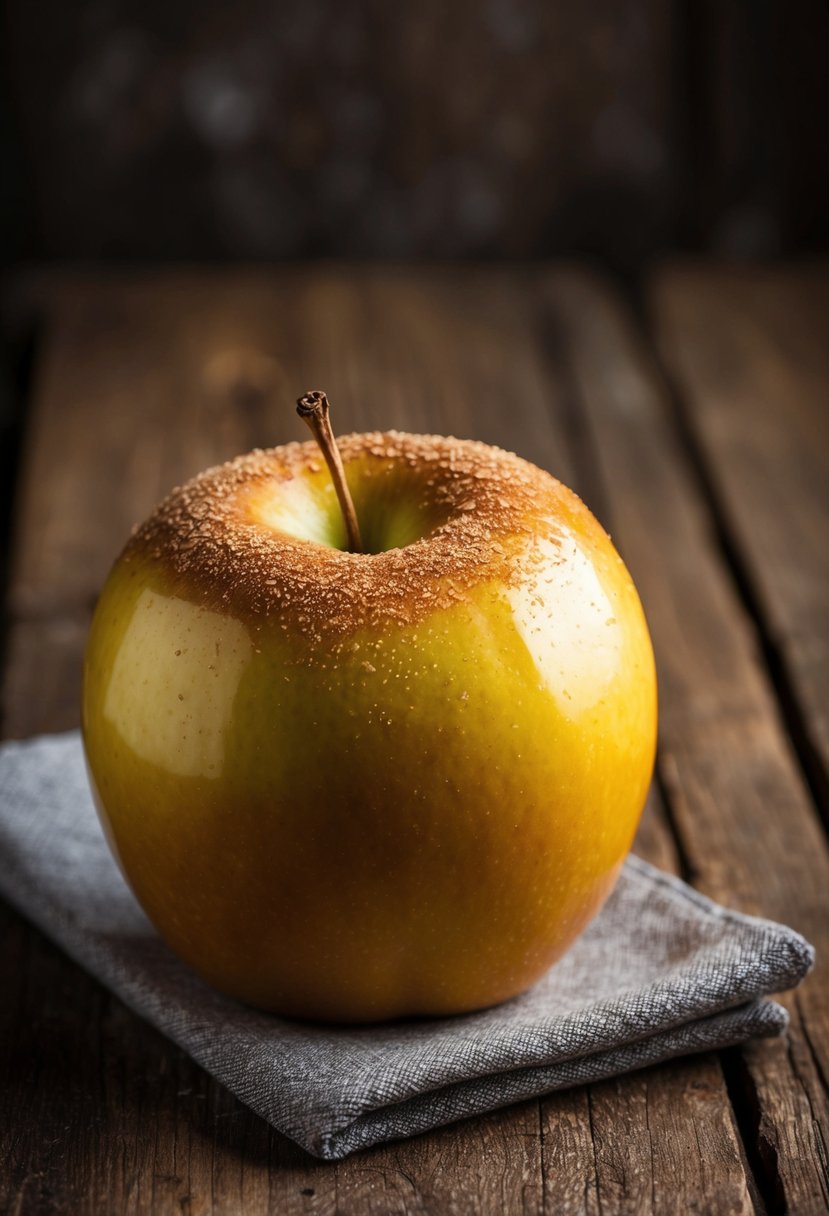 A golden-brown baked apple sprinkled with cinnamon, resting on a rustic wooden table