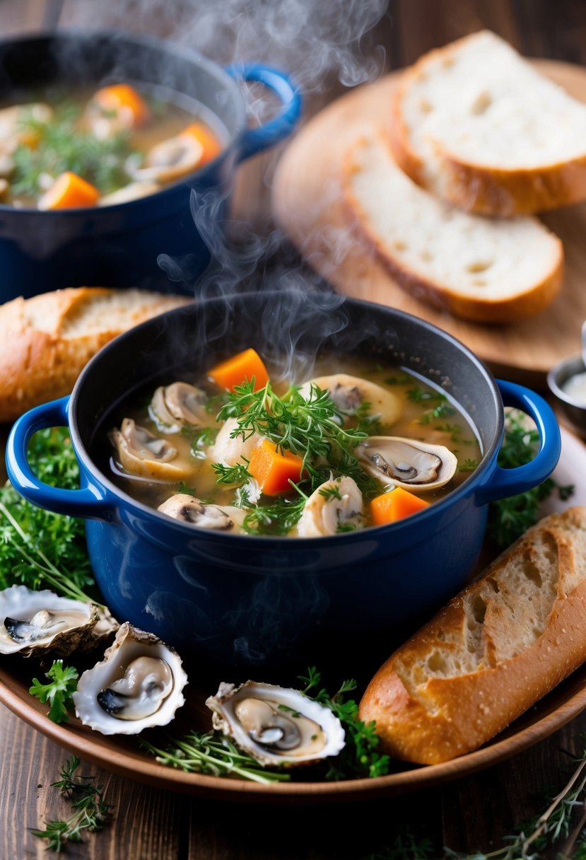 A steaming pot of oyster stew surrounded by fresh oysters, herbs, and a loaf of crusty bread