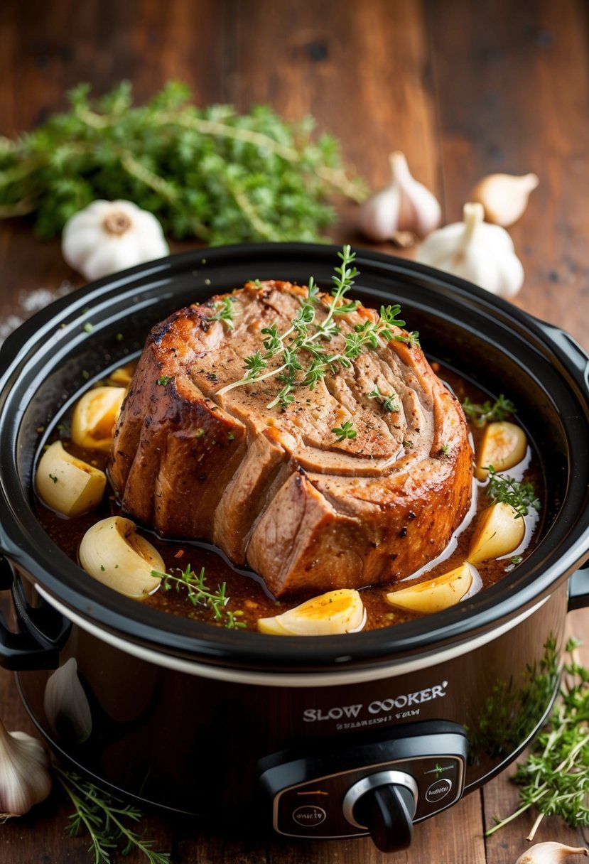 A succulent heel roast sizzling in a slow cooker, surrounded by cloves of garlic and sprigs of fresh herbs