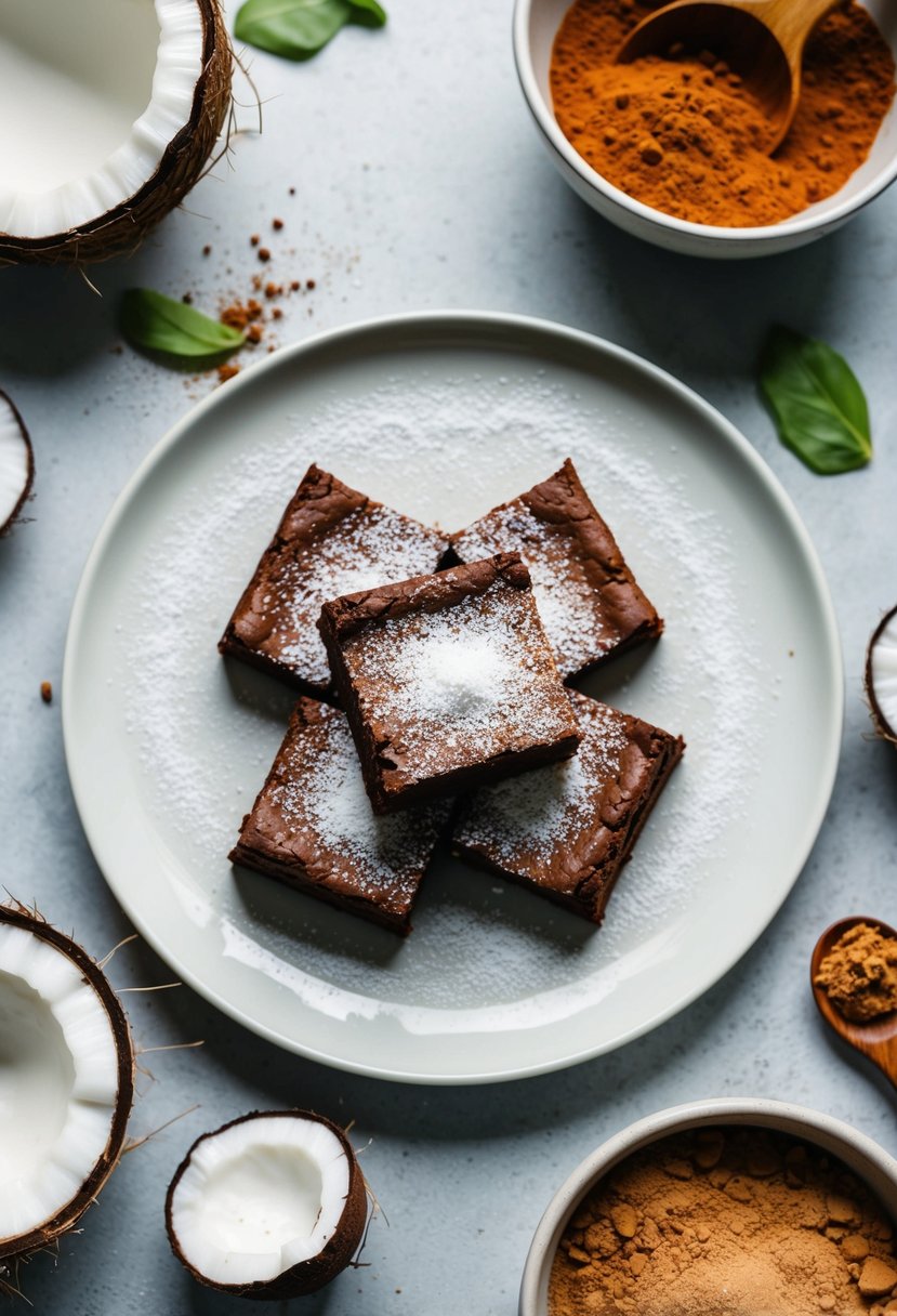 A plate of coconut flour brownies surrounded by fresh coconut, cacao powder, and a sprinkle of powdered sugar